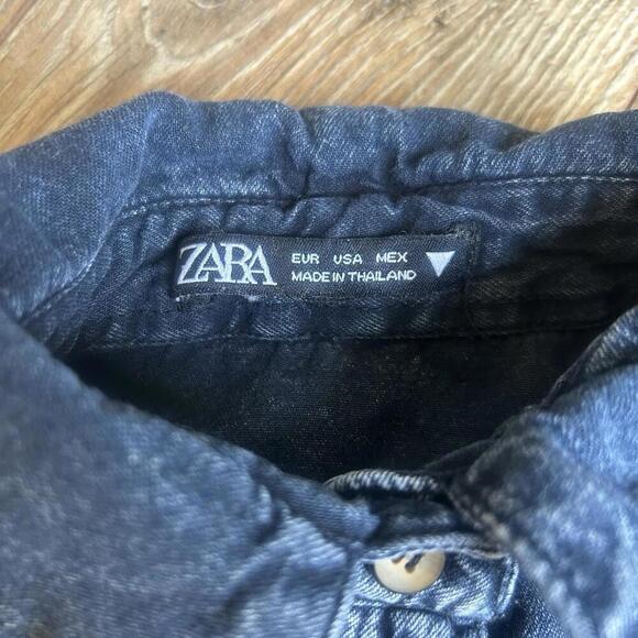 Zara Woman Gray/Black Acid Wash Denim Button-Up Shirt With 3/4 Sleeves Medium - Picture 2 of 6